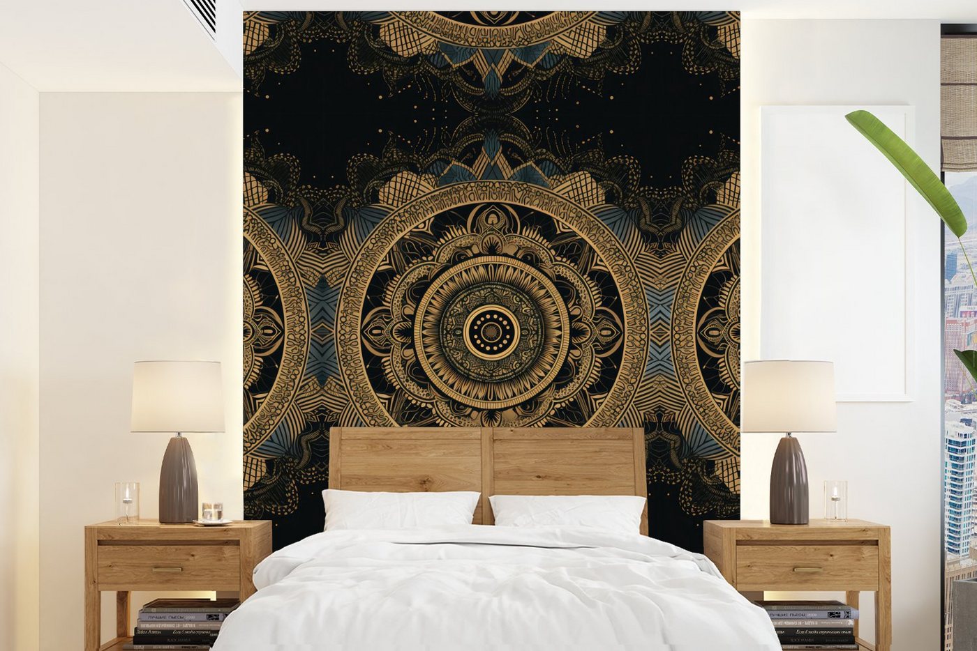 MuchoWow Fototapete Mandala - Gold - Bohème - Luxus, Matt, bedruckt, (4 St), Montagefertig Vinyl Tapete für Wohnzimmer, Wandtapete von MuchoWow