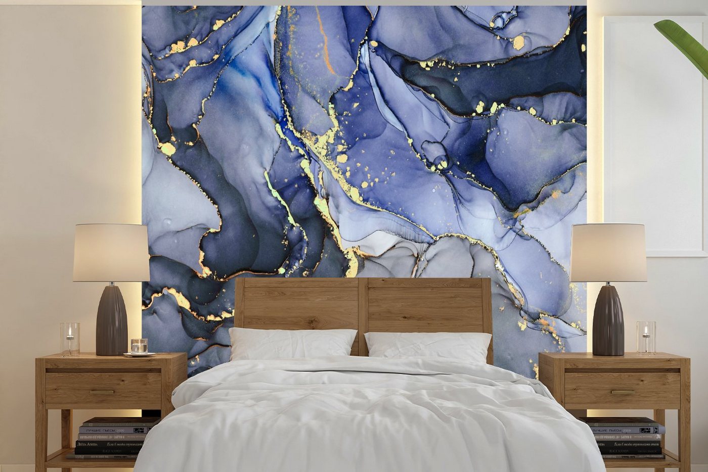 MuchoWow Fototapete Marmor - Gold - Abstrakt - Blau, Matt, bedruckt, (4 St), Vliestapete für Wohnzimmer Schlafzimmer Küche, Fototapete von MuchoWow