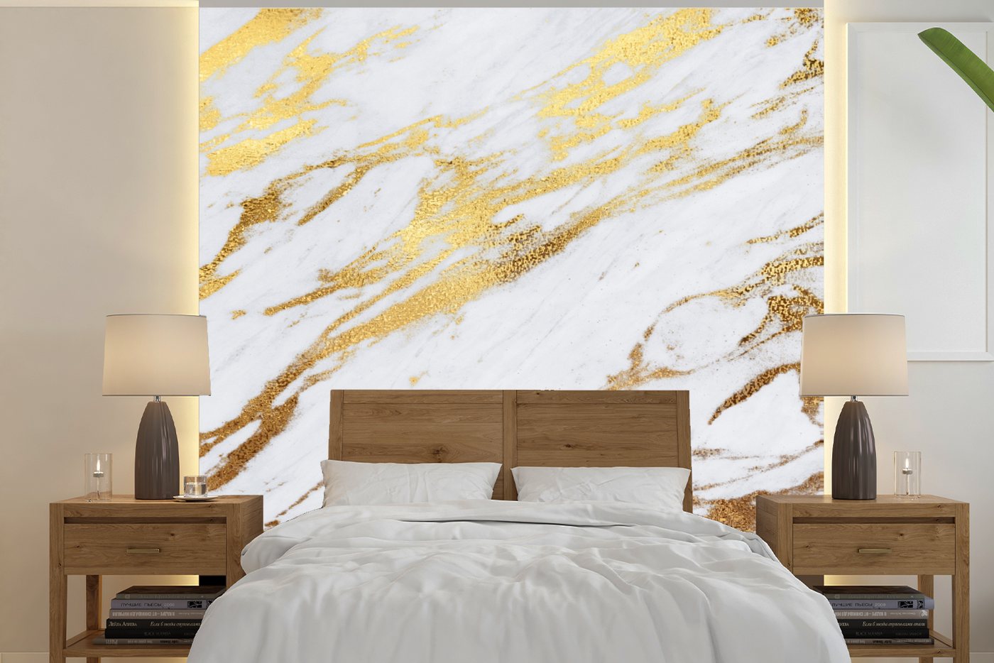 MuchoWow Fototapete Marmor - Weiß - Gold, Matt, bedruckt, (4 St), Vliestapete für Wohnzimmer Schlafzimmer Küche, Fototapete von MuchoWow