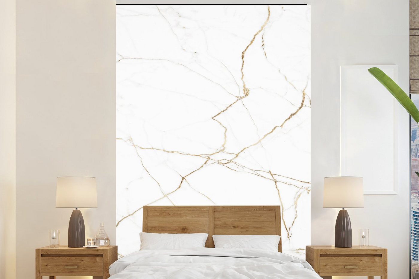 MuchoWow Fototapete Marmor - Weiß - Gold, Matt, bedruckt, (4 St), Wallpaper für Wohnzimmer, Schlafzimmer, Vinyl Tapete, 160x240 cm von MuchoWow