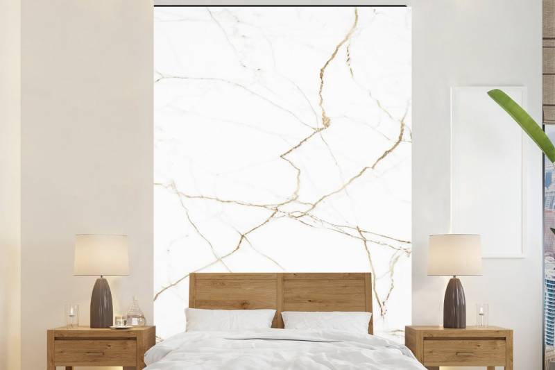 MuchoWow Fototapete Marmor - Weiß - Gold, Matt, bedruckt, (4 St), Wallpaper für Wohnzimmer, Schlafzimmer, Vinyl Tapete, 160x240 cm von MuchoWow