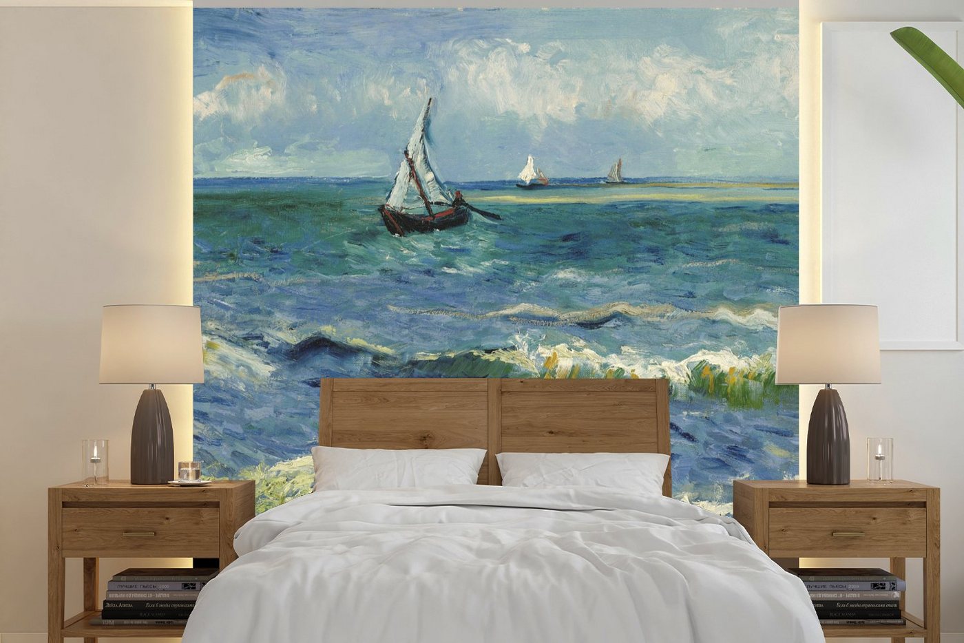 MuchoWow Fototapete Meereslandschaft bei Les Saintes-Maries-de-la-Mer - Vincent van Gogh, Matt, bedruckt, (5 St), Vliestapete für Wohnzimmer Schlafzimmer Küche, Fototapete, 220x220 cm von MuchoWow