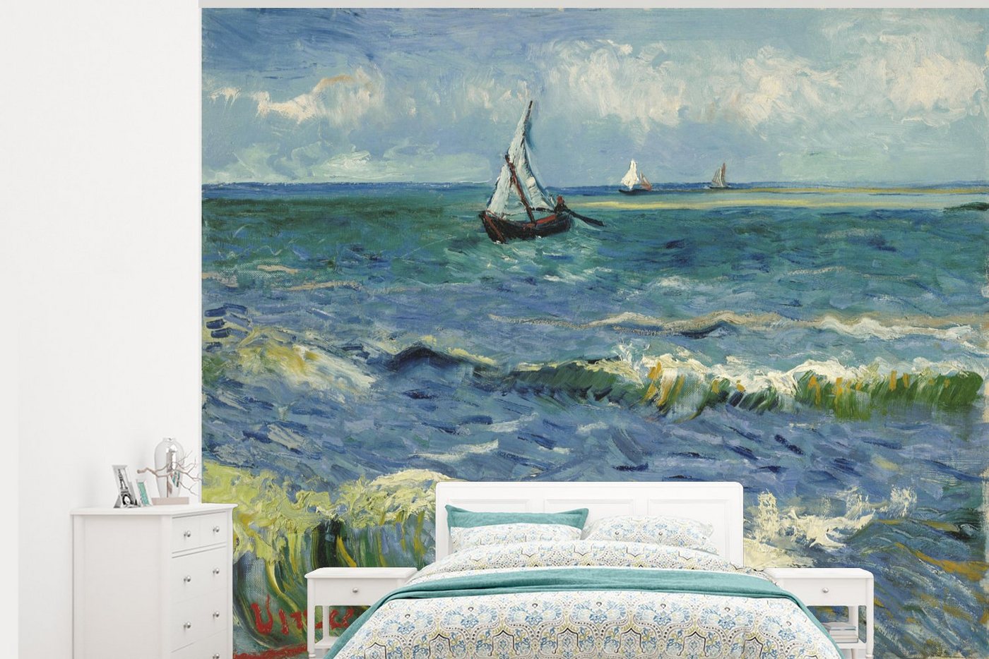 MuchoWow Fototapete Meereslandschaft bei Les Saintes-Maries-de-la-Mer - Vincent van Gogh, Matt, bedruckt, (6 St), Vinyl Tapete für Wohnzimmer oder Schlafzimmer, Wandtapete von MuchoWow