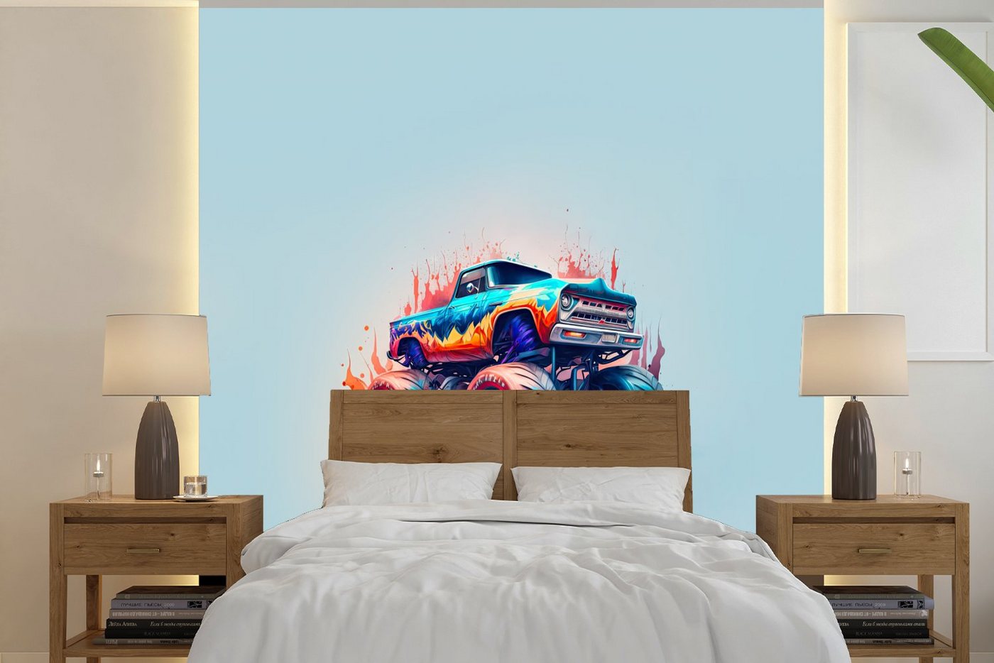 MuchoWow Fototapete Monstertruck - Flammen - Blau - Farbe - Design, Matt, bedruckt, (4 St), Vliestapete für Wohnzimmer Schlafzimmer Küche, Fototapete von MuchoWow