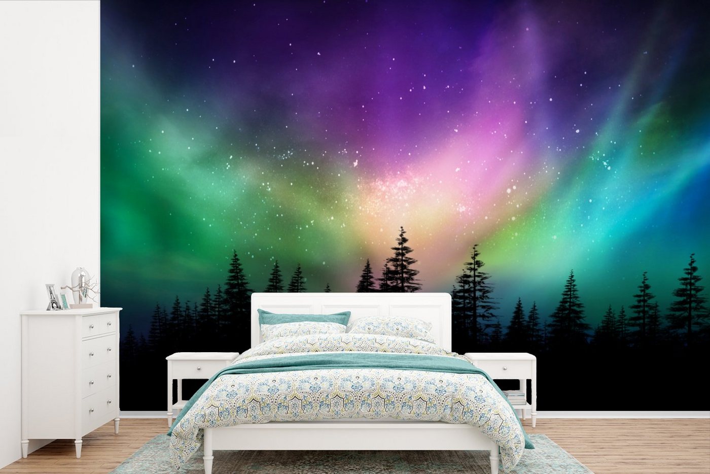 MuchoWow Fototapete Nordlicht - Sternenhimmel - Wald - Kanada, Matt, bedruckt, (11 St), Wallpaper für Wohnzimmer, Schlafzimmer, Kinderzimmer, Vinyl Tapete von MuchoWow