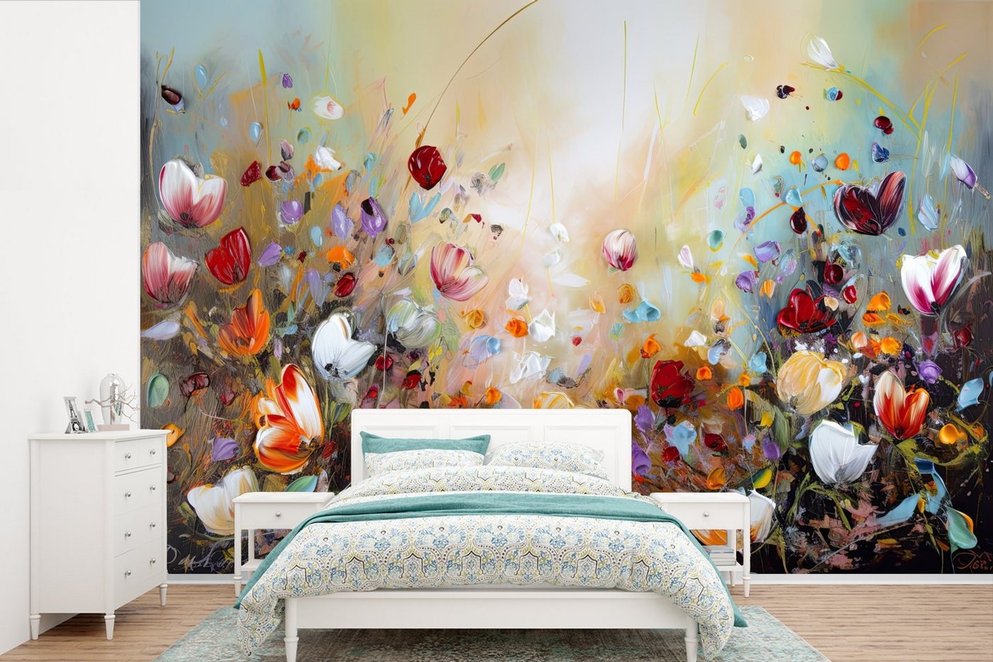 MuchoWow Fototapete Ölfarben - Blumen - Farbenfroh - Natur, Matt, bedruckt, (10 St), Vinyl Tapete für Wohnzimmer oder Schlafzimmer, Wandtapete von MuchoWow