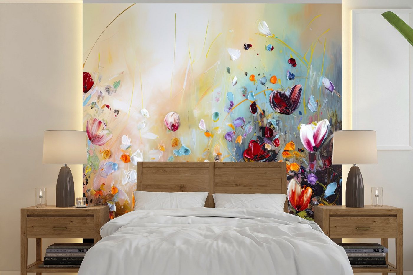 MuchoWow Fototapete Ölfarben - Blumen - Farbenfroh - Natur, Matt, bedruckt, (5 St), Vinyl Tapete für Wohnzimmer oder Schlafzimmer, Wandtapete von MuchoWow