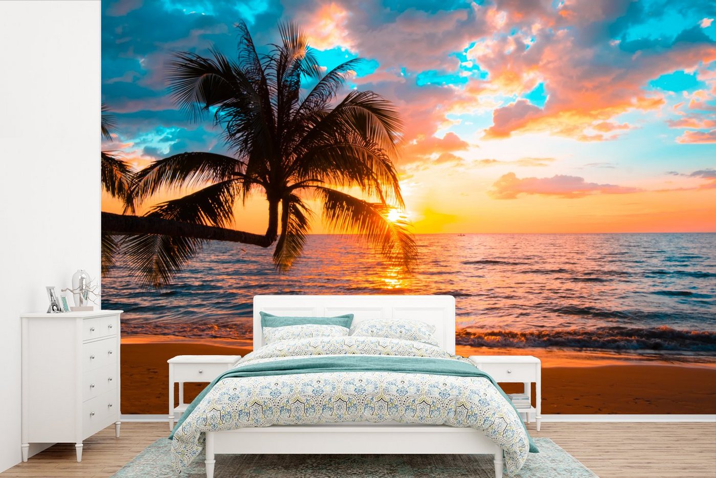 MuchoWow Fototapete Palme - Sonnenuntergang - Horizont - Strand - Meer - Tropisch, Matt, bedruckt, (7 St), Vinyl Tapete für Wohnzimmer oder Schlafzimmer, Wandtapete von MuchoWow
