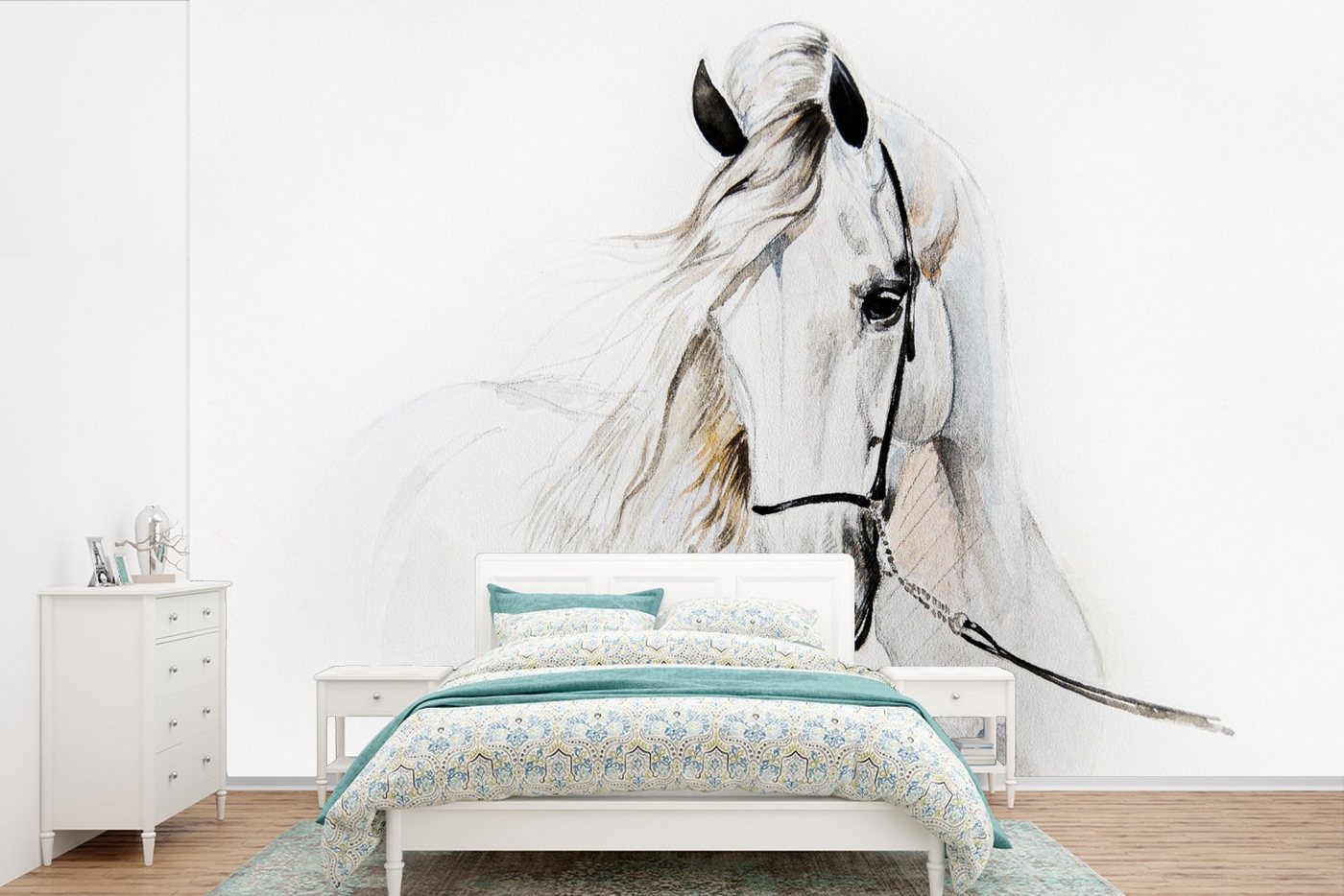 MuchoWow Fototapete Pferd - Aquarell - Tiere - Weiß, Matt, bedruckt, (10 St), Vinyl Tapete für Wohnzimmer oder Schlafzimmer, Wandtapete von MuchoWow