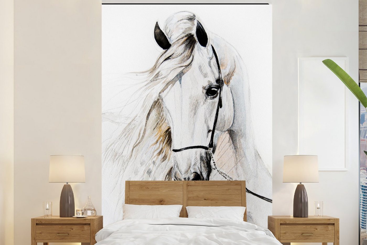 MuchoWow Fototapete Pferd - Aquarell - Tiere - Weiß, Matt, bedruckt, (4 St), Wallpaper für Wohnzimmer, Schlafzimmer, Vinyl Tapete, 160x240 cm von MuchoWow