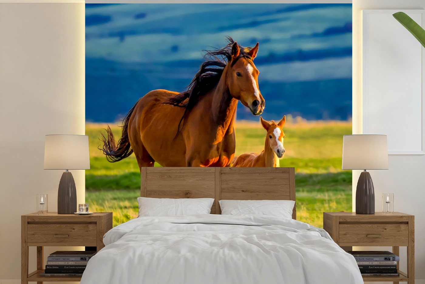 MuchoWow Fototapete Pferde - Gras - Tiere - Landschaft - Natur, Matt, bedruckt, (5 St), Vliestapete für Wohnzimmer Schlafzimmer Küche, Fototapete, 220x220 cm von MuchoWow