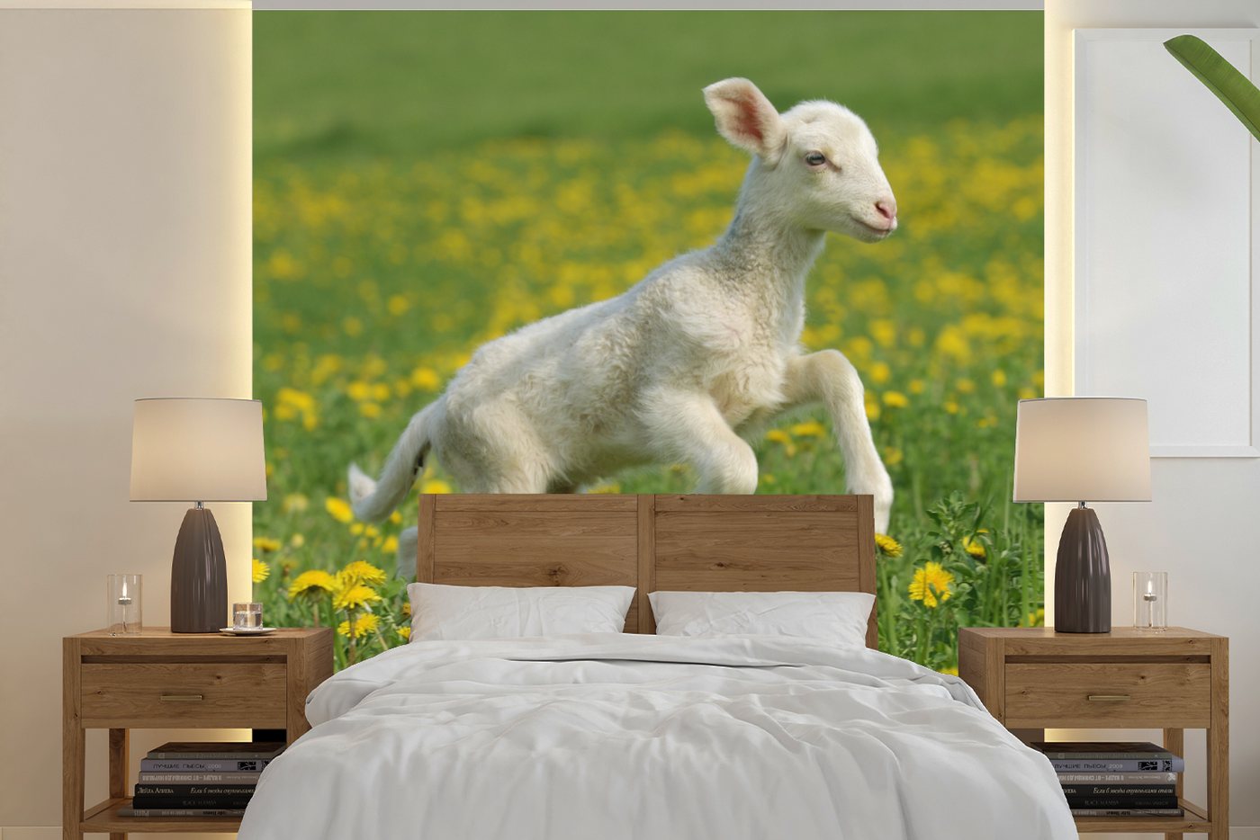 MuchoWow Fototapete Schafe - Blumen - Gelb, Matt, bedruckt, (5 St), Vinyl Tapete für Wohnzimmer oder Schlafzimmer, Wandtapete von MuchoWow