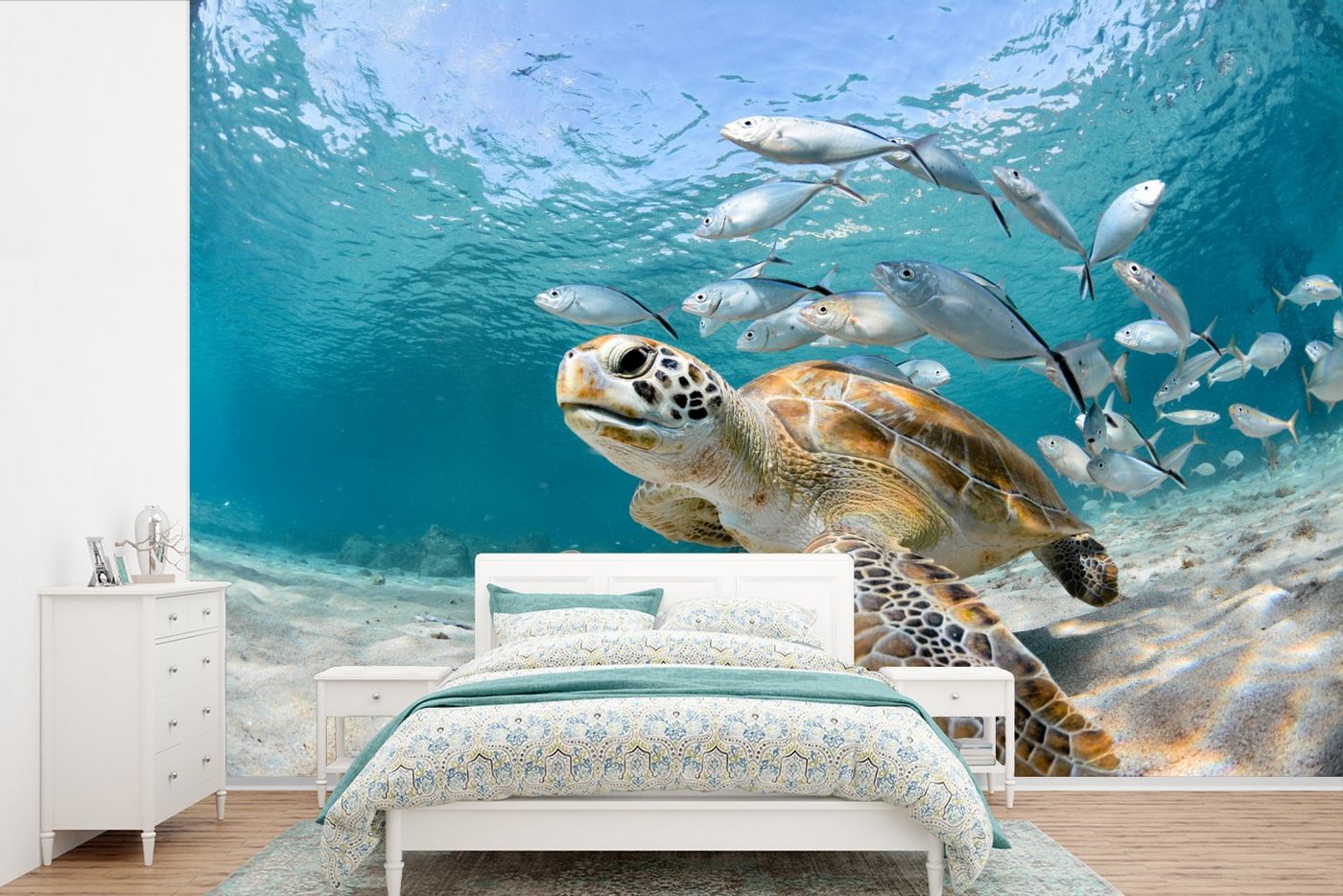 MuchoWow Fototapete Schildkröte - Fisch - Meer, Matt, bedruckt, (10 St), Vinyl Tapete für Wohnzimmer oder Schlafzimmer, Wandtapete von MuchoWow