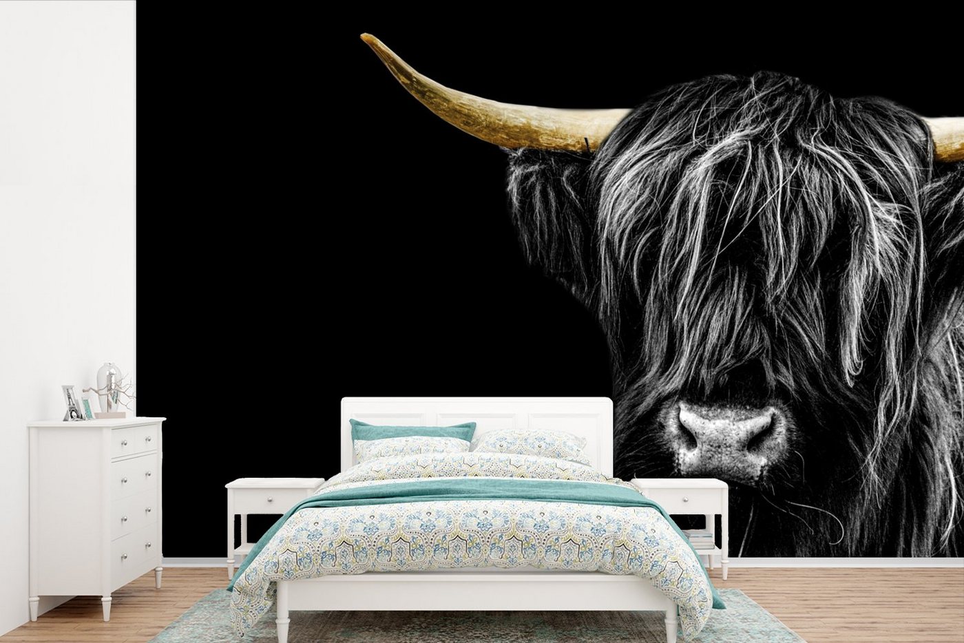 MuchoWow Fototapete Schottischer Highlander - Gold - Mantel - Tiere - Kuh, Matt, bedruckt, (11 St), Wallpaper für Wohnzimmer, Schlafzimmer, Kinderzimmer, Vinyl Tapete von MuchoWow