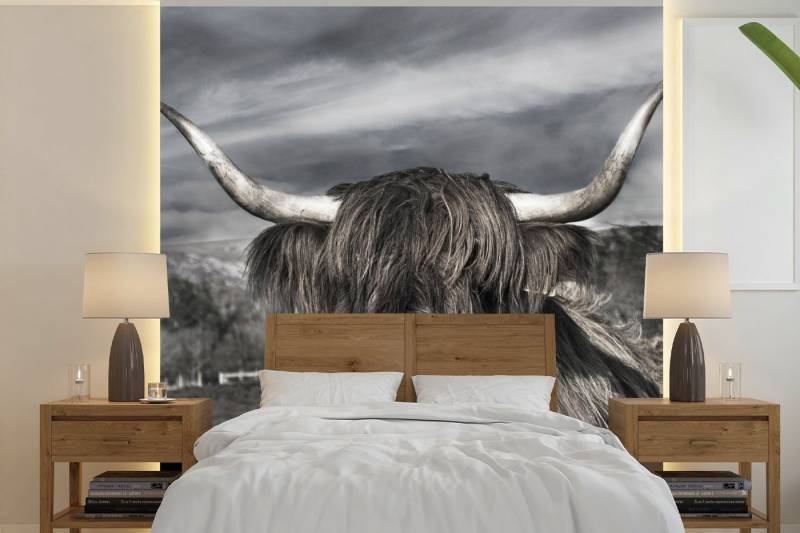 MuchoWow Fototapete Schottischer Hochländer - Porträt - Schwarz - Weiß - Tier - Wildnis -, Matt, bedruckt, (5 St), Vliestapete für Wohnzimmer Schlafzimmer Küche, Fototapete, 220x220 cm von MuchoWow