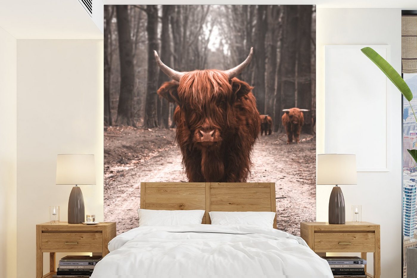 MuchoWow Fototapete Schottischer Hochländer - Wald - Kuh - Tiere - Natur, Matt, bedruckt, (4 St), Montagefertig Vinyl Tapete für Wohnzimmer, Wandtapete von MuchoWow