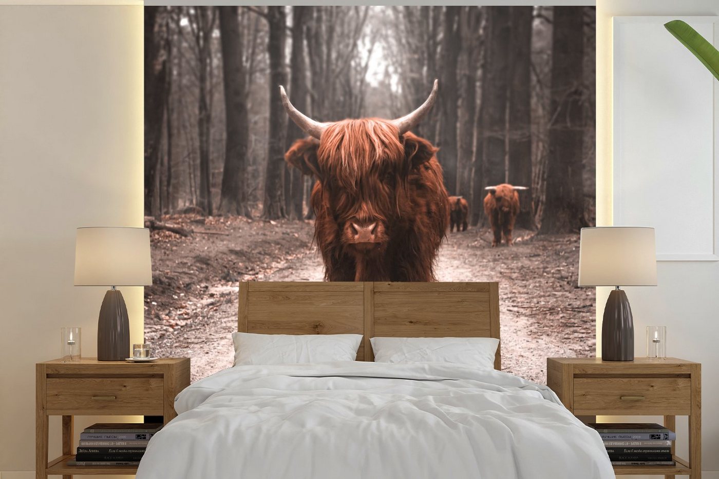 MuchoWow Fototapete Schottischer Hochländer - Wald - Kuh - Tiere - Natur, Matt, bedruckt, (5 St), Vinyl Tapete für Wohnzimmer oder Schlafzimmer, Wandtapete von MuchoWow