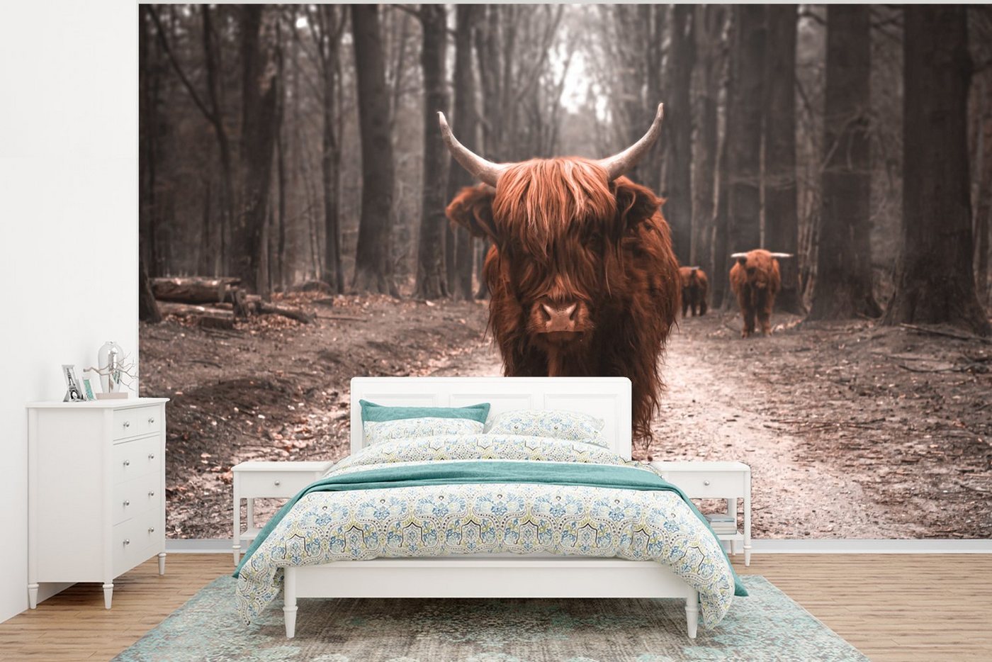 MuchoWow Fototapete Schottischer Hochländer - Wald - Kuh - Tiere - Natur, Matt, bedruckt, (6 St), Wallpaper für Wohnzimmer, Schlafzimmer, Kinderzimmer, Vinyl Tapete von MuchoWow