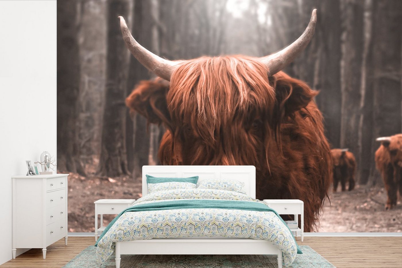 MuchoWow Fototapete Schottischer Hochländer - Wald - Kuh - Tiere - Natur, Matt, bedruckt, (7 St), Vinyl Tapete für Wohnzimmer oder Schlafzimmer, Wandtapete von MuchoWow