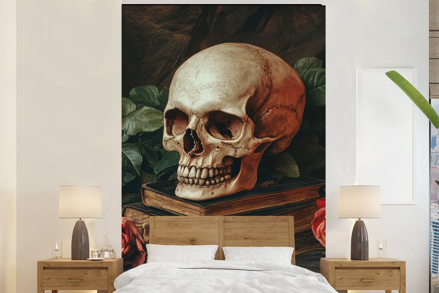 MuchoWow Fototapete Skelett - Kerzen - Rosen - Schädel - Bücher - Kerzenständer, Matt, bedruckt, Montagefertig Vinyl Tapete, Wandtapete, 145x220 cm von MuchoWow