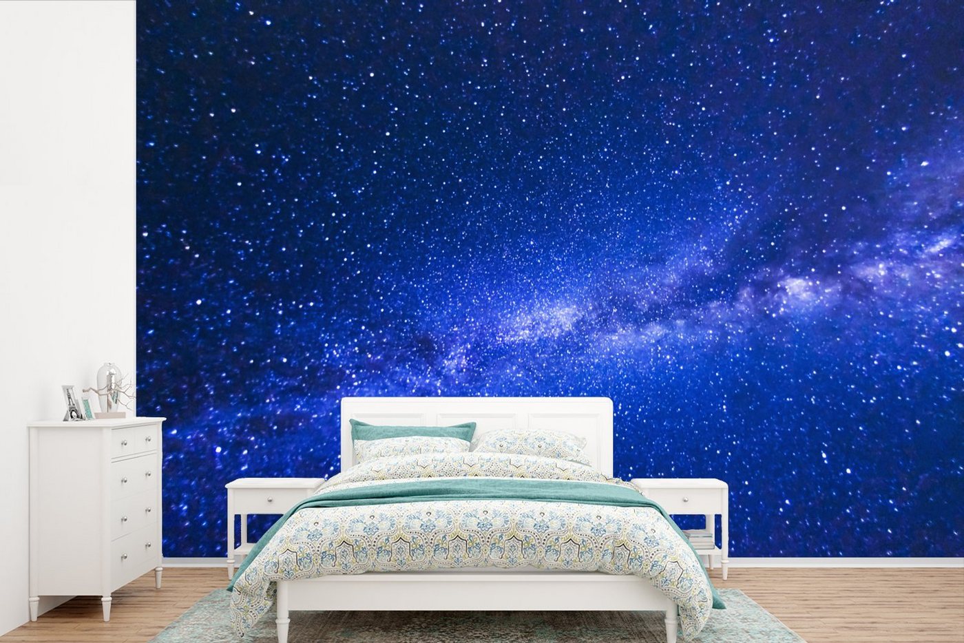 MuchoWow Fototapete Sternenhimmel - Universum - Blau - Jungen - Mädchen - Kinder, Matt, bedruckt, (11 St), Wallpaper für Wohnzimmer, Schlafzimmer, Kinderzimmer, Vinyl Tapete von MuchoWow