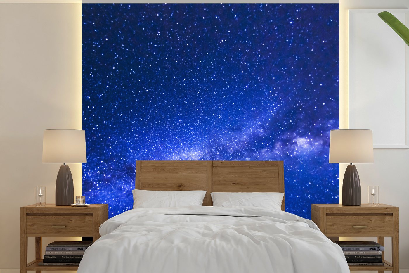 MuchoWow Fototapete Sternenhimmel - Universum - Blau - Jungen - Mädchen - Kinder, Matt, bedruckt, (5 St), Vinyl Tapete für Wohnzimmer oder Schlafzimmer, Wandtapete von MuchoWow