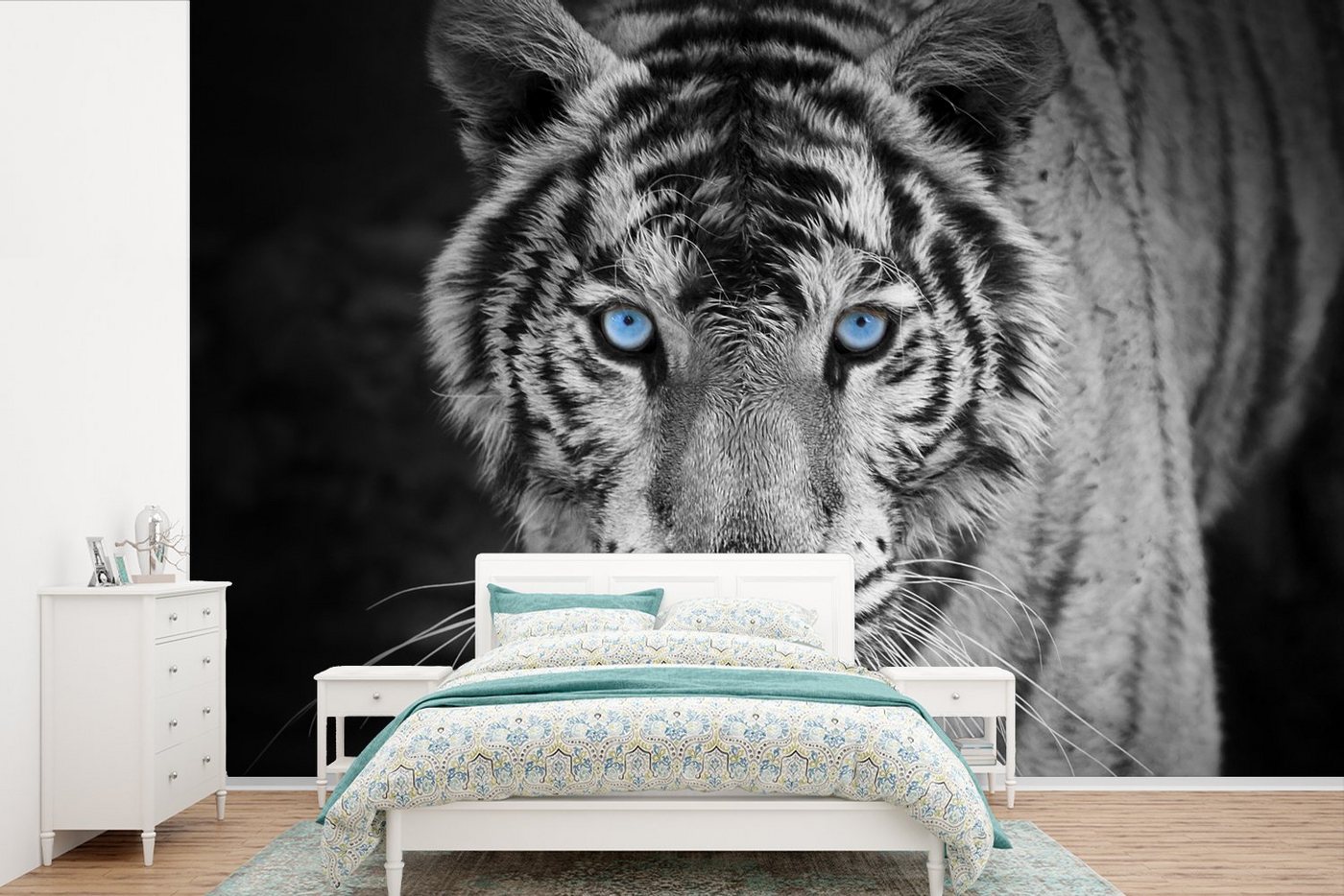 MuchoWow Fototapete Tiere - Tiger - Schwarz und weiß - Augen - Blau, Matt, bedruckt, (11 St), Wallpaper für Wohnzimmer, Schlafzimmer, Kinderzimmer, Vinyl Tapete von MuchoWow