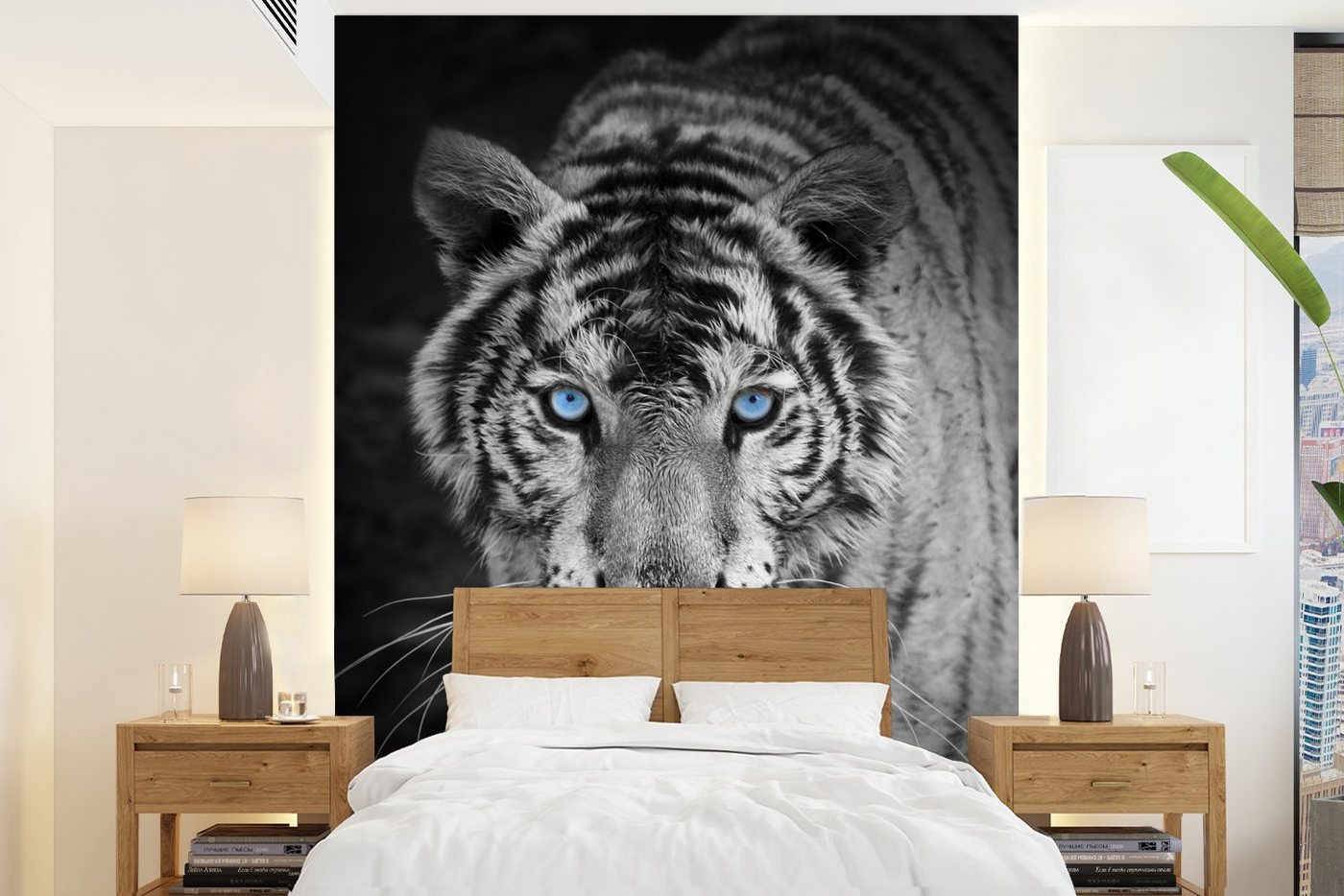 MuchoWow Fototapete Tiere - Tiger - Schwarz und weiß - Augen - Blau, Matt, bedruckt, (4 St), Montagefertig Vinyl Tapete für Wohnzimmer, Wandtapete von MuchoWow