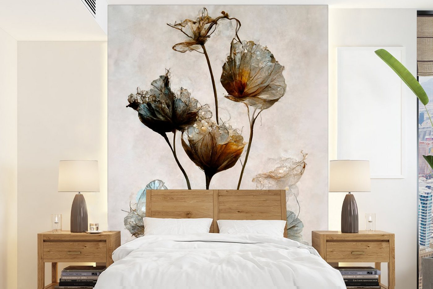 MuchoWow Fototapete Vintage - Blumen - Pflanzen - Abstrakt, Matt, bedruckt, (4 St), Vliestapete für Wohnzimmer Schlafzimmer Küche, Fototapete, 160x220 cm von MuchoWow