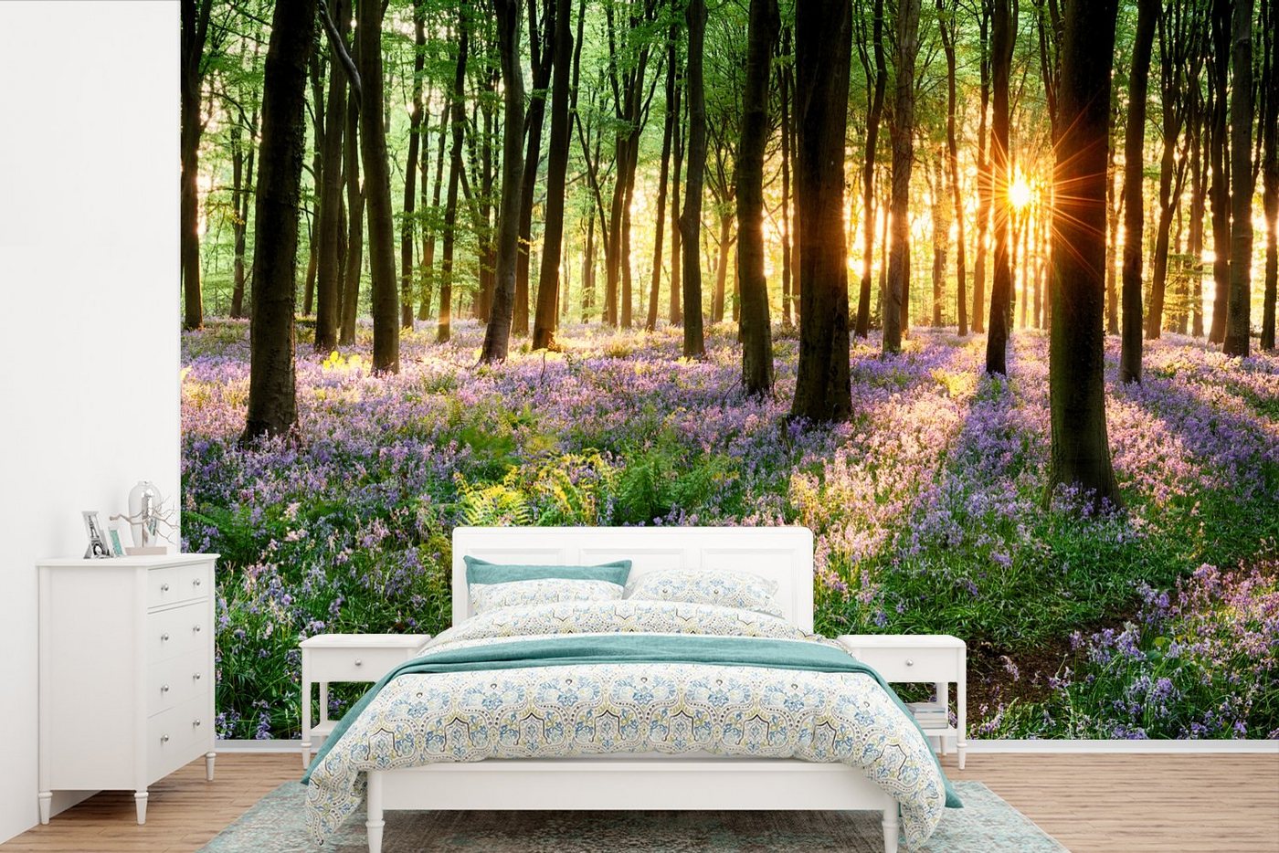 MuchoWow Fototapete Wald - Blumen - Lavendel - Sonne - Lila - Natur, Matt, bedruckt, (10 St), Vinyl Tapete für Wohnzimmer oder Schlafzimmer, Wandtapete von MuchoWow