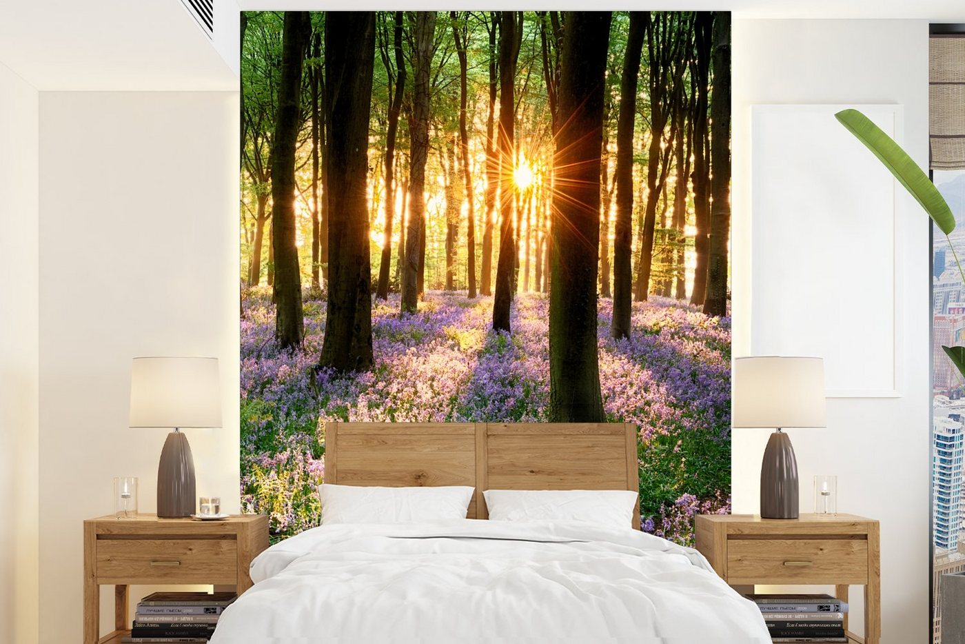 MuchoWow Fototapete Wald - Blumen - Lavendel - Sonne - Lila - Natur, Matt, bedruckt, (4 St), Montagefertig Vinyl Tapete für Wohnzimmer, Wandtapete von MuchoWow