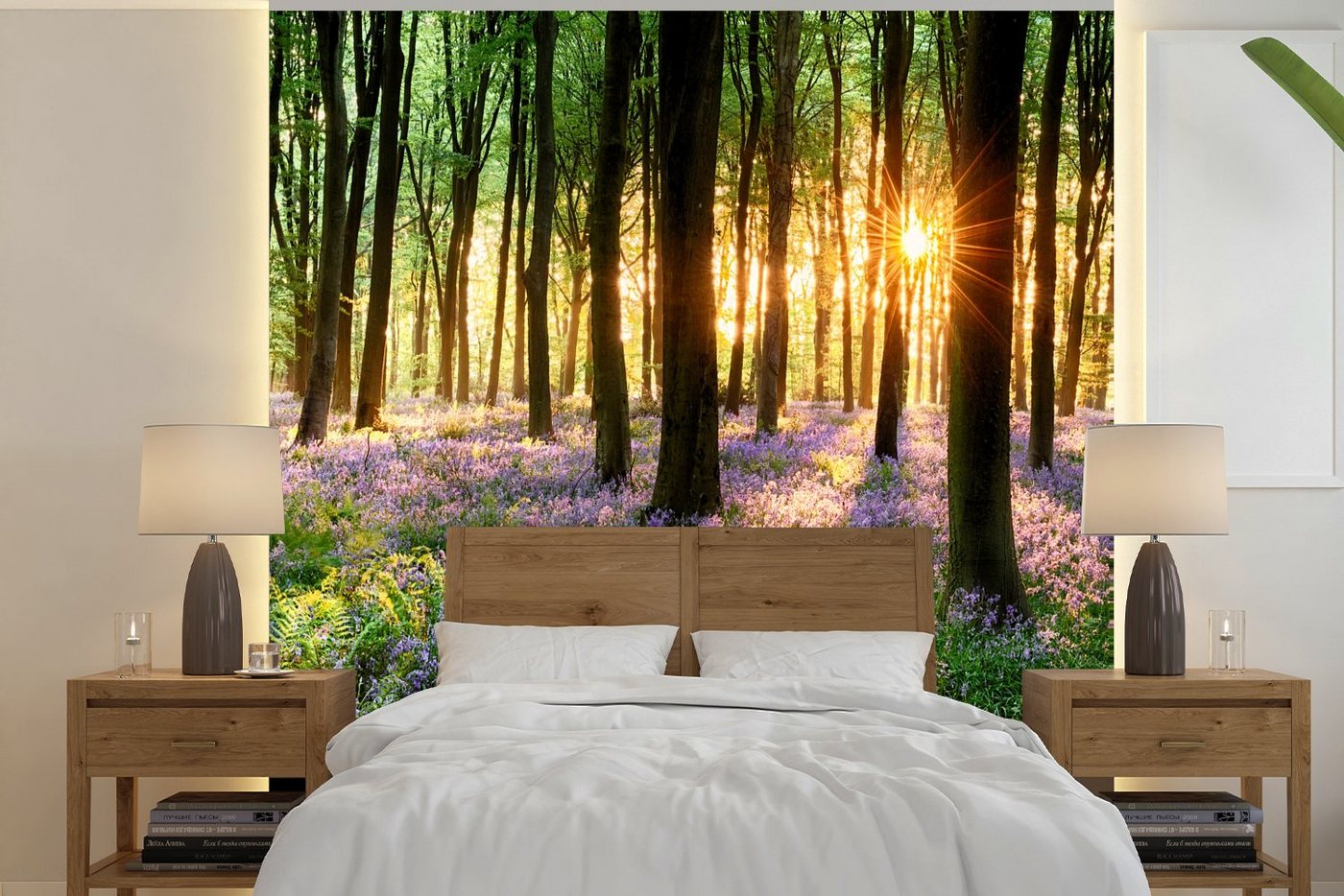 MuchoWow Fototapete Wald - Blumen - Lavendel - Sonne - Lila - Natur, Matt, bedruckt, (5 St), Vinyl Tapete für Wohnzimmer oder Schlafzimmer, Wandtapete von MuchoWow