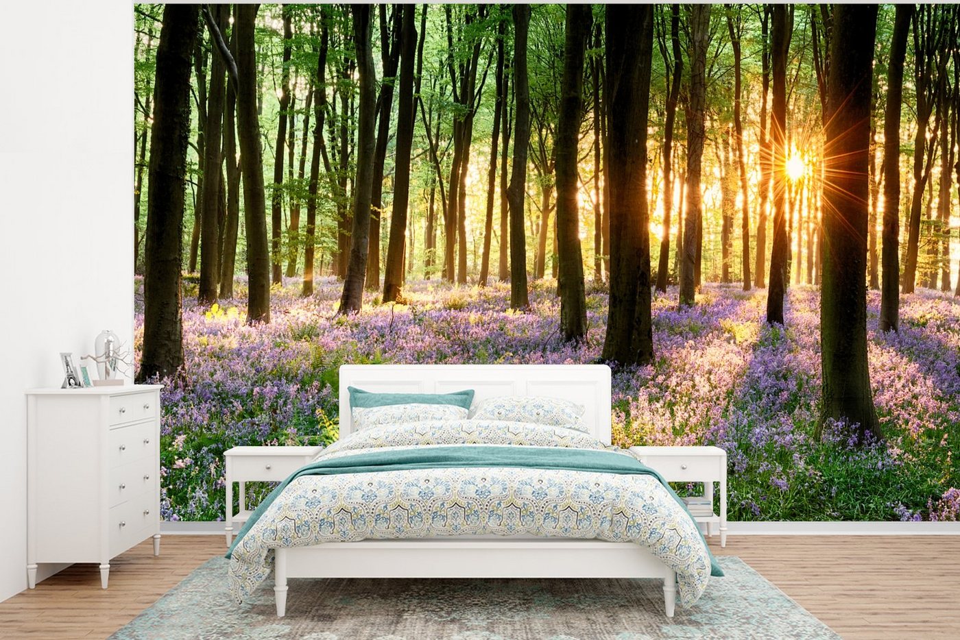 MuchoWow Fototapete Wald - Blumen - Lavendel - Sonne - Lila - Natur, Matt, bedruckt, (6 St), Wallpaper für Wohnzimmer, Schlafzimmer, Kinderzimmer, Vinyl Tapete von MuchoWow