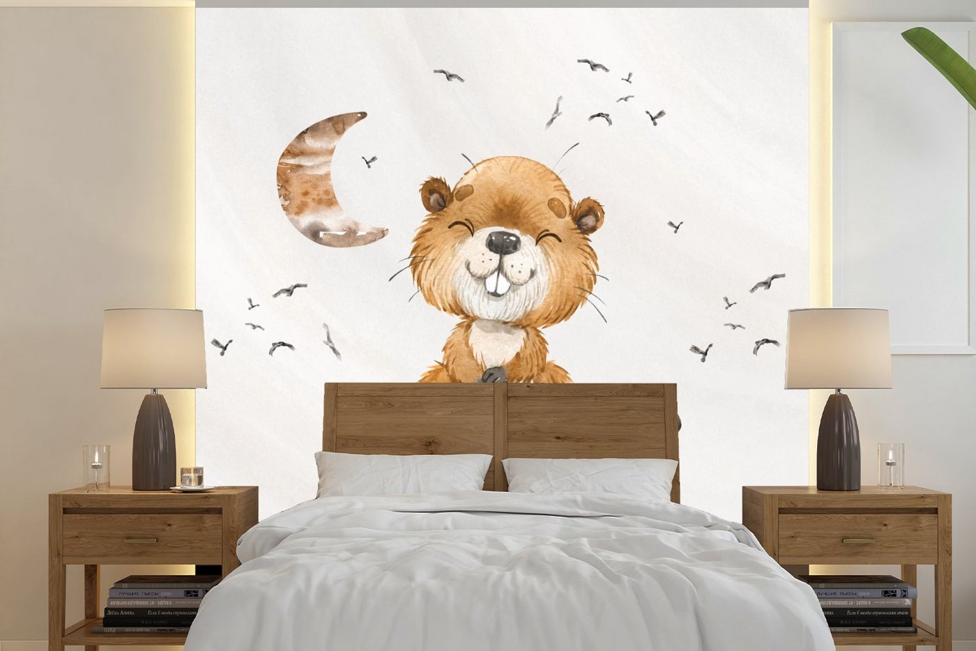 MuchoWow Fototapete Zitate - Glücklich sein - Kinder - Mond - Biber - Aquarell, Matt, bedruckt, (5 St), Vinyl Tapete für Wohnzimmer oder Schlafzimmer, Wandtapete von MuchoWow