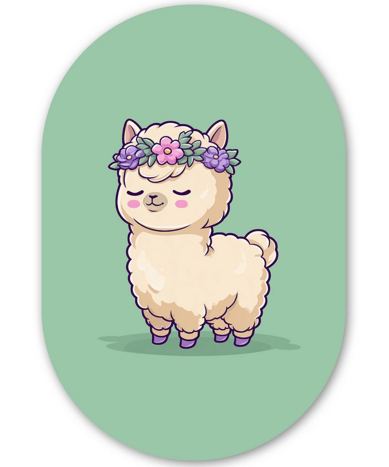 MuchoWow Gemälde Alpaka - Grün - Blumendiadem, Fotodruck (1 St), Wandbild Oval, Wohnzimmer oder Schlafzimmer Wanddekoration, 40x60 cm von MuchoWow