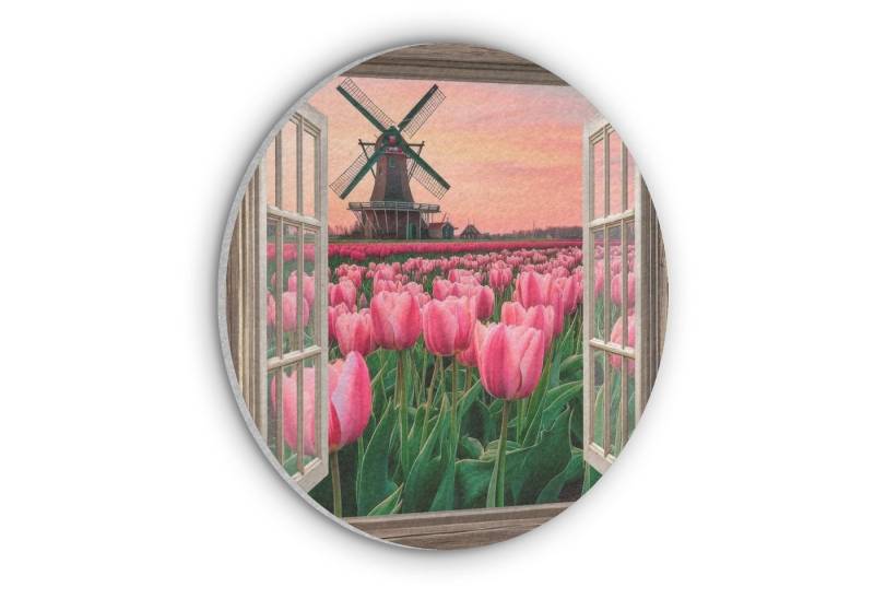 MuchoWow Gemälde Ausblick - Tulpen - Blumen - Mühle - Fenster, Fotodruck (1 St), Akustikpaneele rund, Schalldämmung, Akustikbilder 30x30 cm von MuchoWow