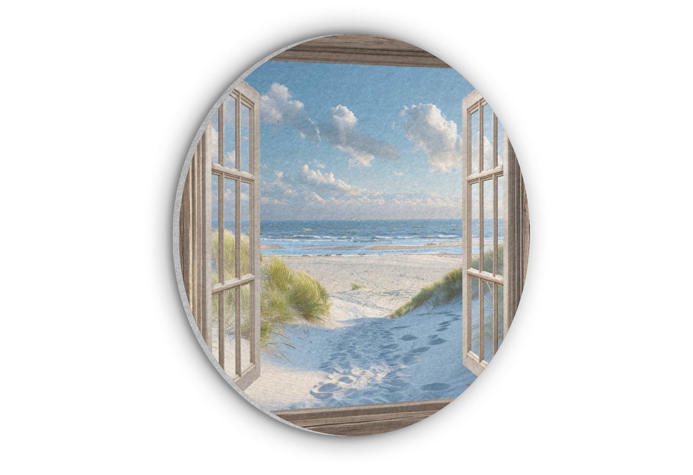 MuchoWow Gemälde Aussicht - Strand - Fenster - Dünen - Meer, Fotodruck (1 St), Akustikpaneele rund, Schalldämmung, Akustikbilder 30x30 cm von MuchoWow