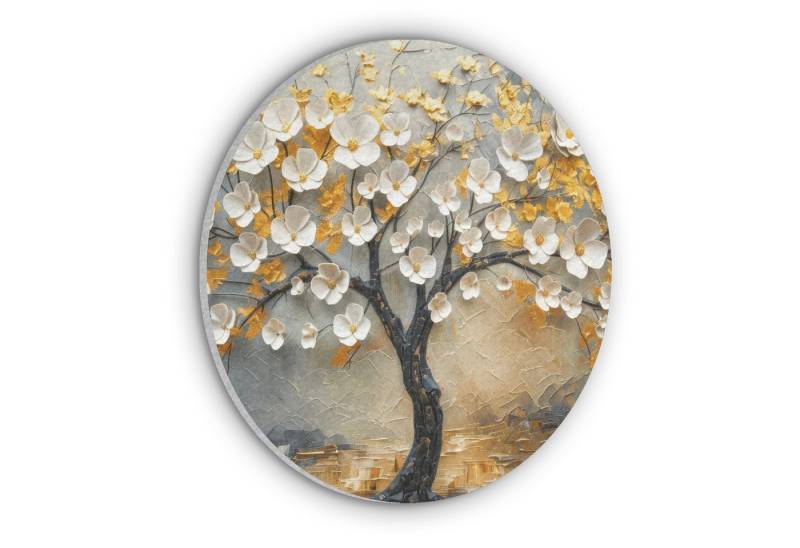 MuchoWow Gemälde Baum - Blumen - Gold - Beige, Fotodruck (1 St), Akustikpaneele rund, Schalldämmung, Akustikbilder 30x30 cm von MuchoWow