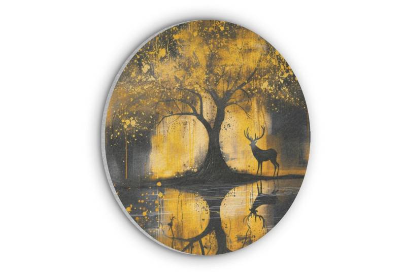 MuchoWow Gemälde Baum - Farboptik - Hirsch - Natur - Gold, Fotodruck (1 St), Akustikpaneele rund, Schalldämmung, Akustikbilder 30x30 cm von MuchoWow