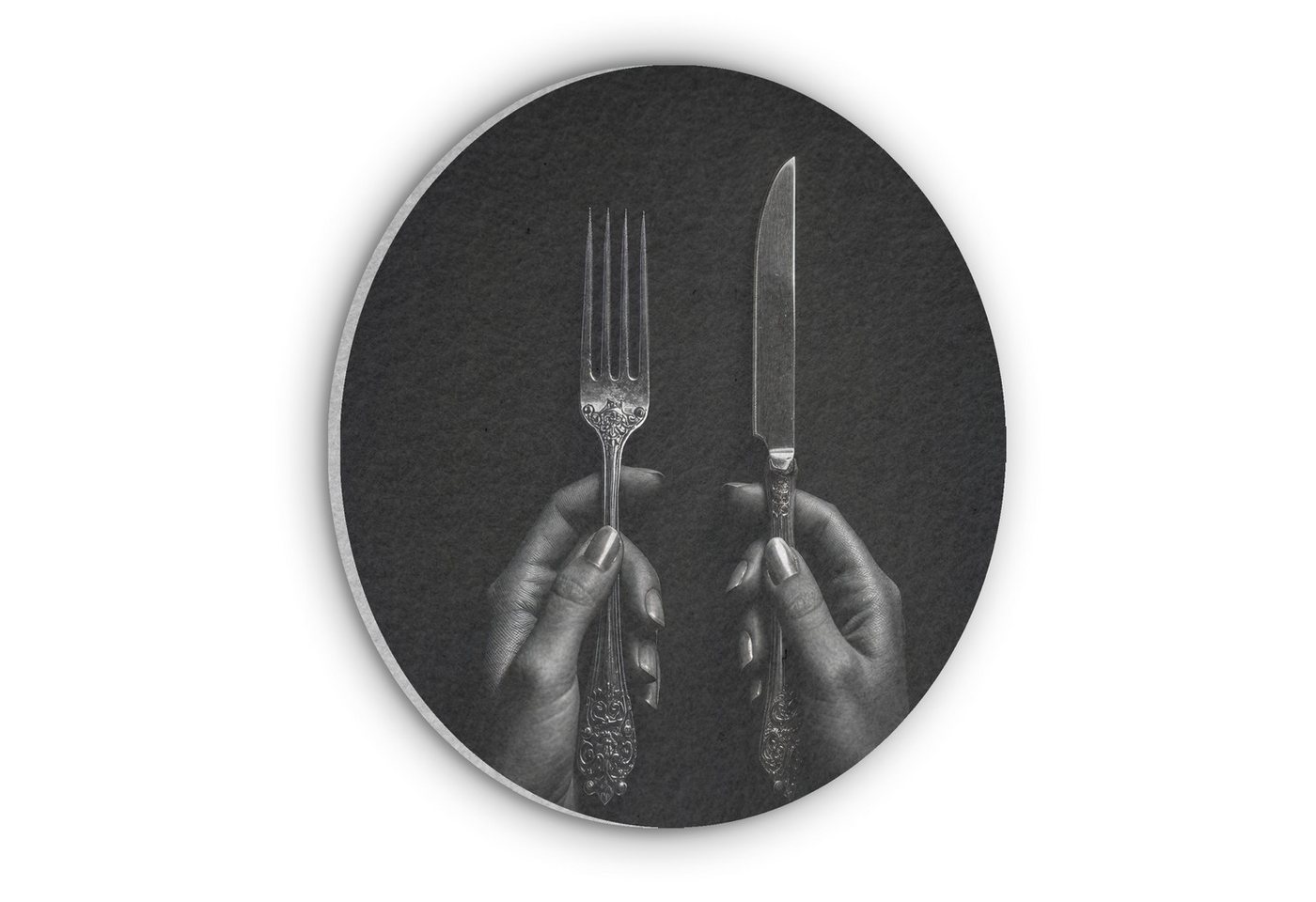 MuchoWow Gemälde Besteck - Schwarz - Weiß - Küche, Fotodruck (1 St), Akustikpaneele rund, Schalldämmung, Akustikbilder 30x30 cm von MuchoWow