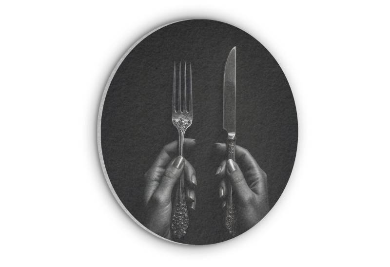 MuchoWow Gemälde Besteck - Schwarz - Weiß - Küche, Fotodruck (1 St), Akustikpaneele rund, Schalldämmung, Akustikbilder 30x30 cm von MuchoWow