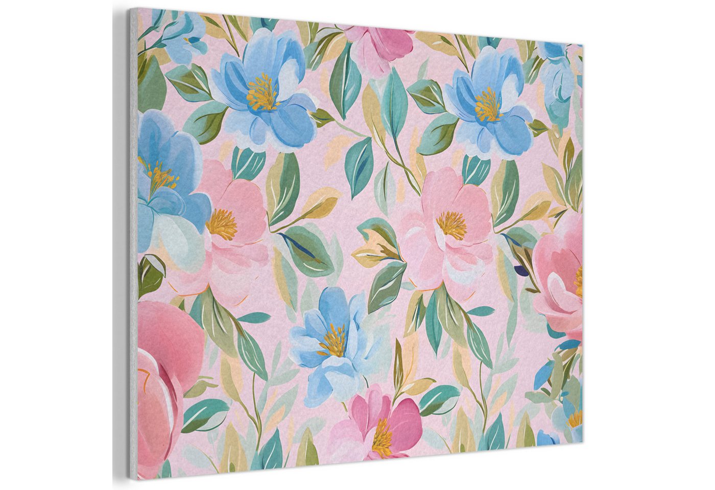 MuchoWow Gemälde Blau - Rosa - Blumen, Fotodruck (1 St), Akustikpaneele PET-Filz, Akustikbild, Schalldämmung, Deko 40x30 cm von MuchoWow