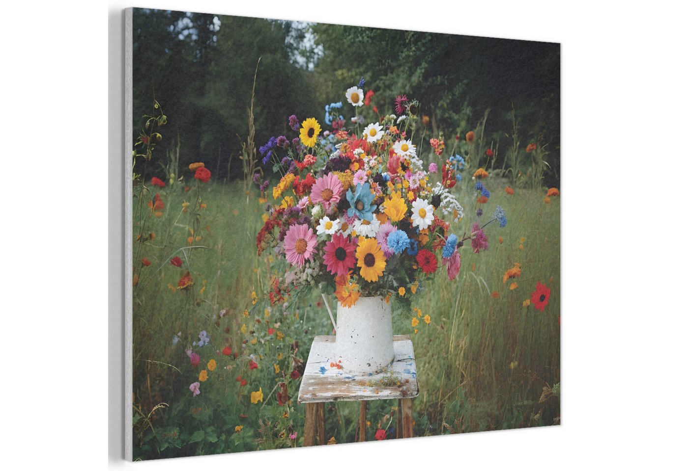 MuchoWow Gemälde Blumen - Hocker - Gießkanne - Feld, Fotodruck (1 St), Akustikpaneele PET-Filz, Akustikbild, Schalldämmung, Deko 40x30 cm von MuchoWow