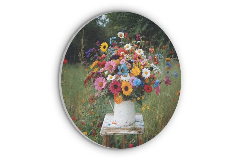 MuchoWow Gemälde Blumen - Hocker - Gießkanne - Feld, Fotodruck (1 St), Akustikpaneele rund, Schalldämmung, Akustikbilder 30x30 cm von MuchoWow