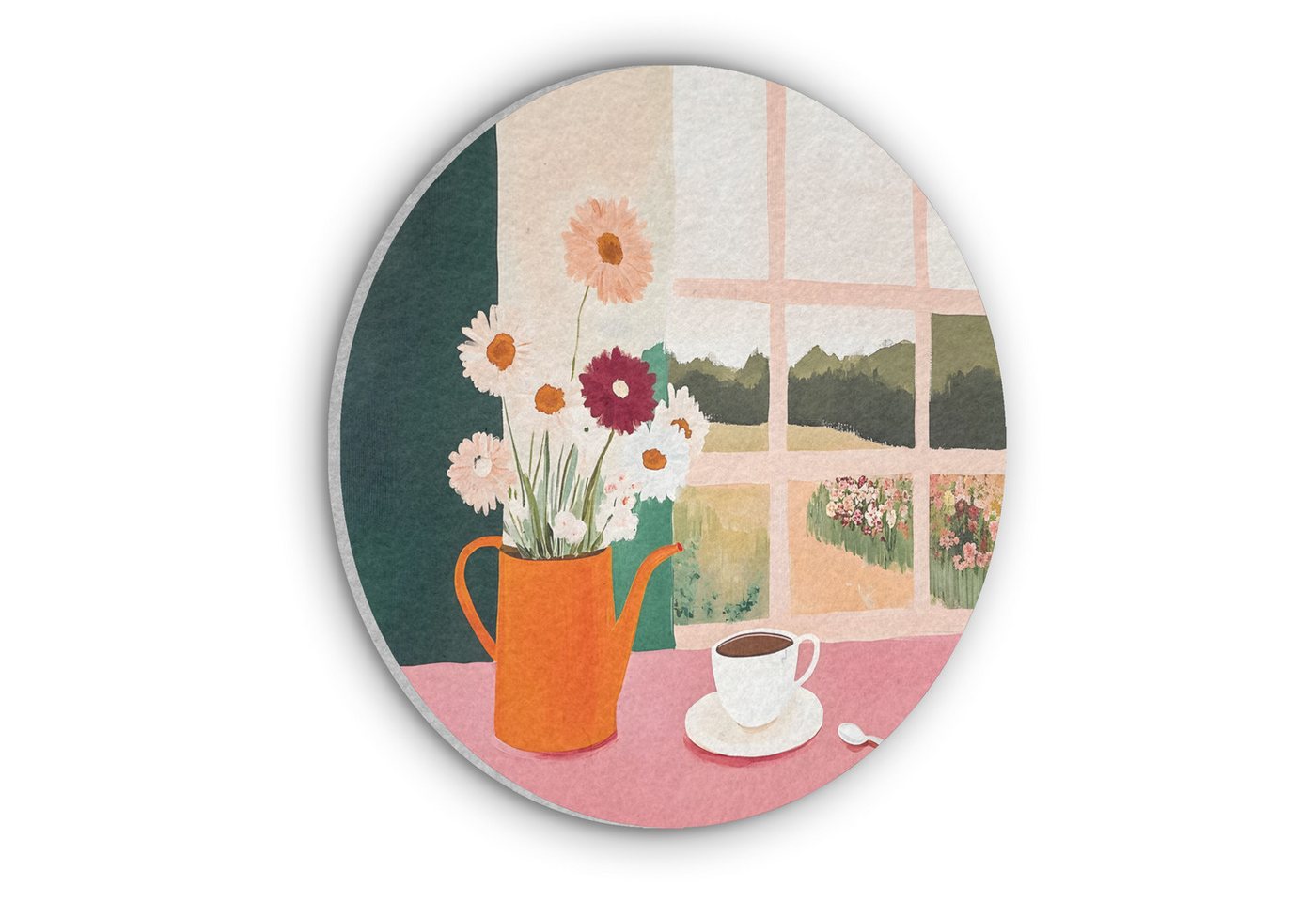 MuchoWow Gemälde Blumen - Kaffee - Fenster, Fotodruck (1 St), Akustikpaneele rund, Schalldämmung, Akustikbilder 30x30 cm von MuchoWow
