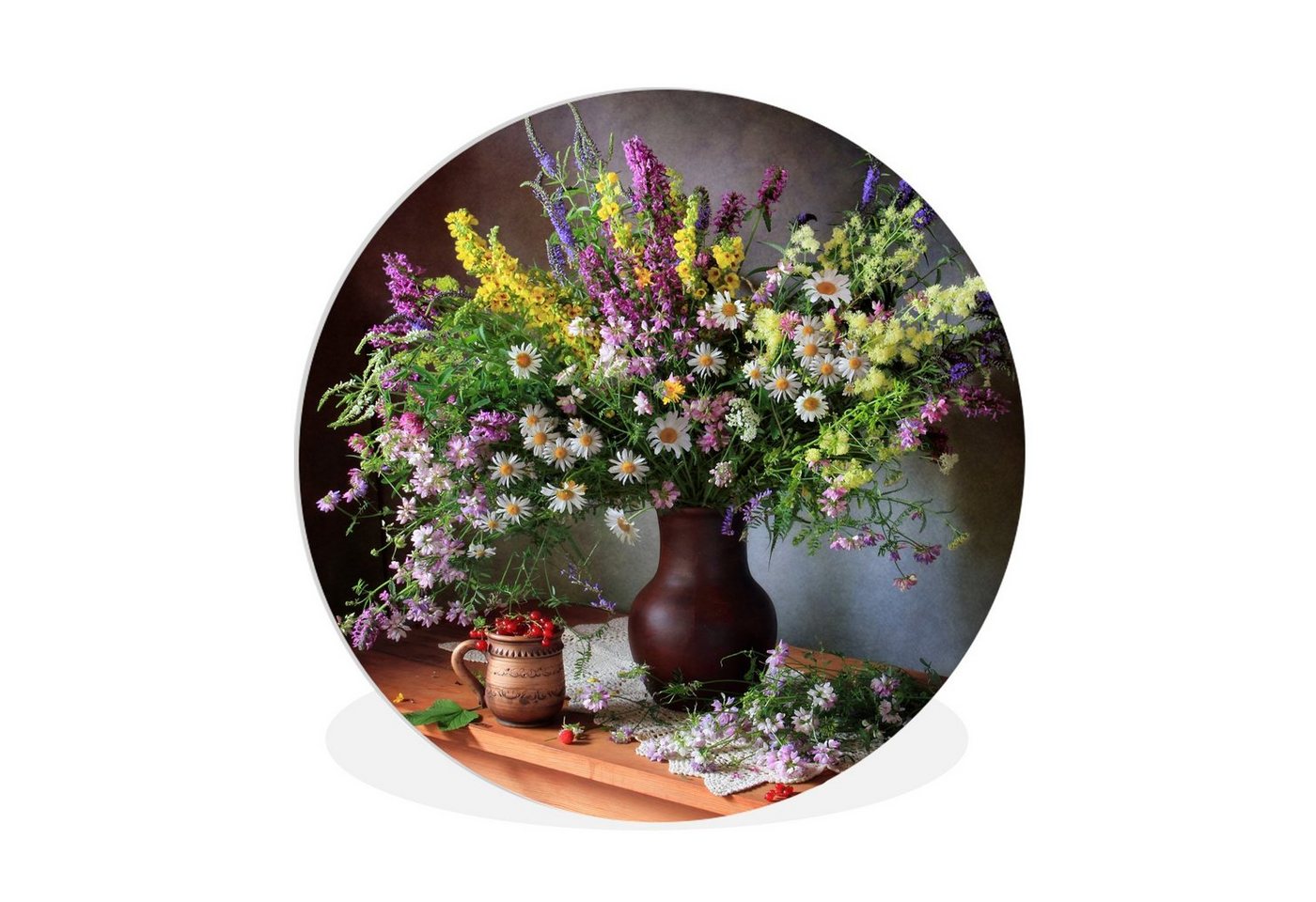 MuchoWow Gemälde Blumen - Tisch - Stilleben - Blumenstrauß - Vase, Fotodruck (1 St), Kreis Wanddekoration, Rundes Wandbild, 30x30 cm von MuchoWow