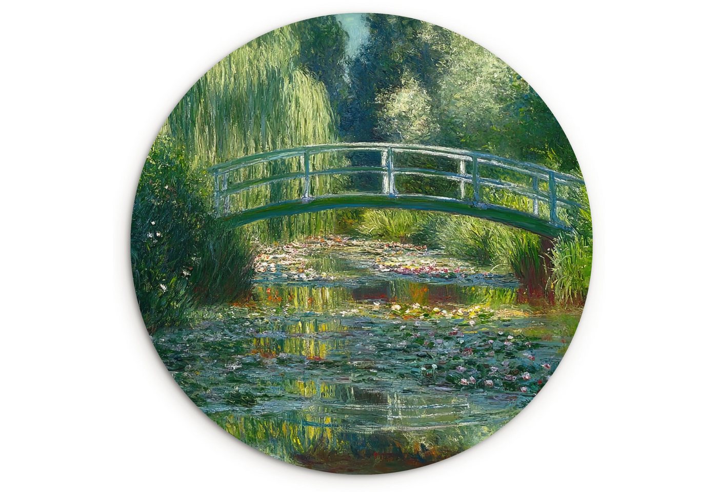 MuchoWow Gemälde Brücke - Holz - Teich - Seerosen, Fotodruck (1 St), Kreis Wanddekoration, Rundes Wandbild, 30x30 cm von MuchoWow