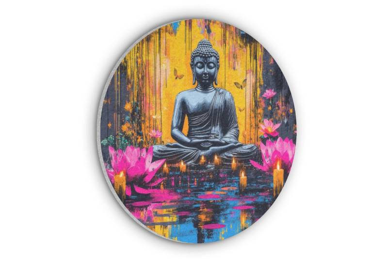 MuchoWow Gemälde Buddha - Blumen - Kerzen - Gelb, Fotodruck (1 St), Akustikpaneele rund, Schalldämmung, Akustikbilder 30x30 cm von MuchoWow