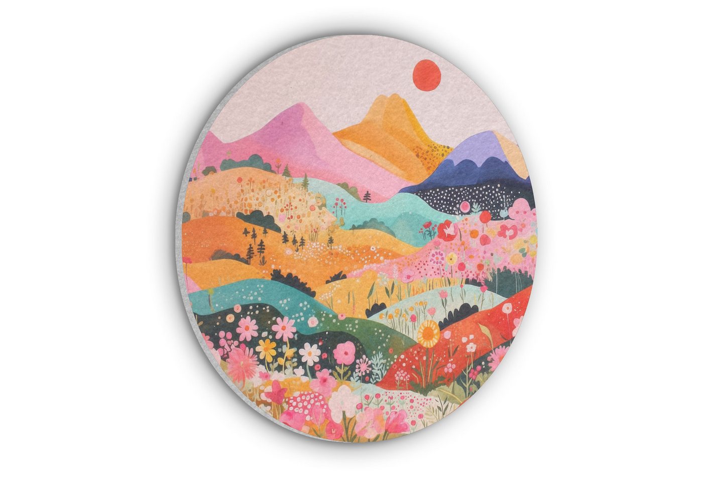 MuchoWow Gemälde Bunte Blumen - Berge - Fantasielandschaft, Fotodruck (1 St), Akustikpaneele rund, Schalldämmung, Akustikbilder 30x30 cm von MuchoWow