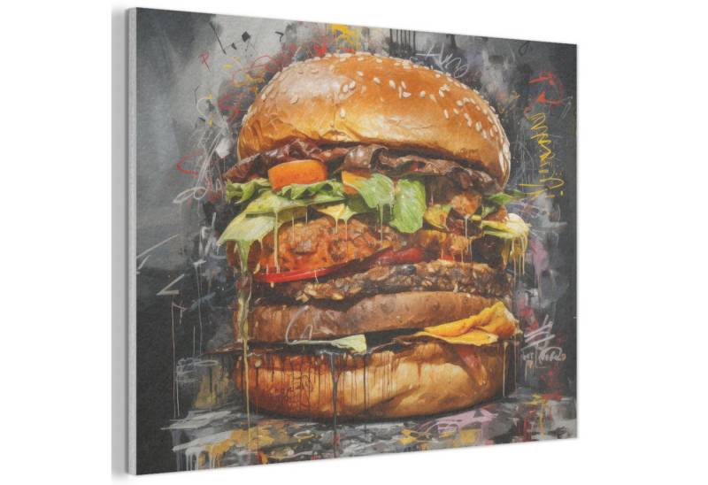MuchoWow Gemälde Burger - Essen - Kunst - Grau - Graffiti, Fotodruck (1 St), Akustikpaneele PET-Filz, Akustikbild, Schalldämmung, Deko 40x30 cm von MuchoWow